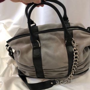 Grey suede handbag with black leather trim